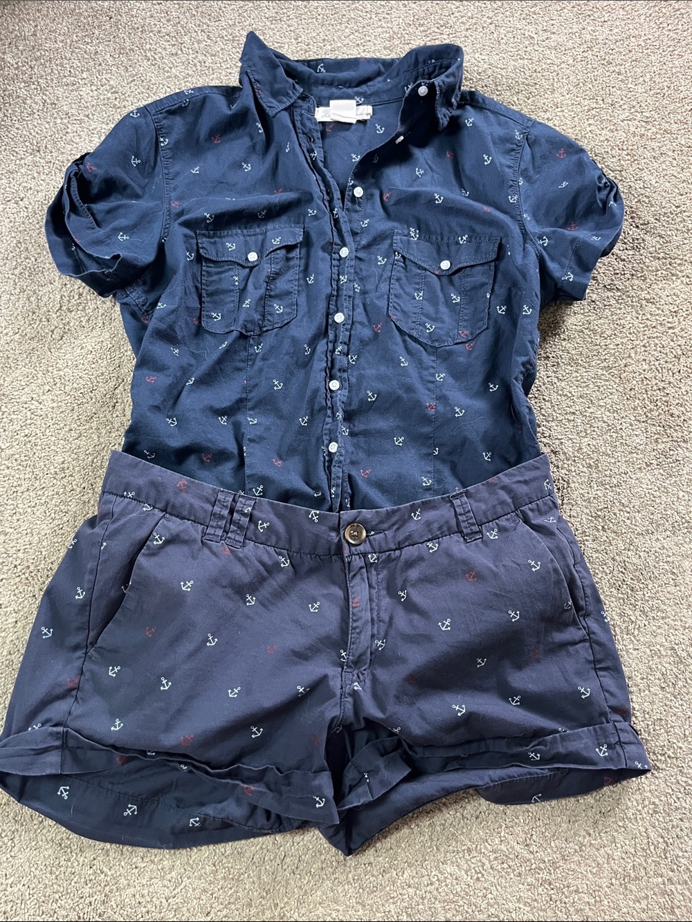 ADORABLE H&M L.O.G.G Navy Blue Shorts & Button Down Set Red White Anchors